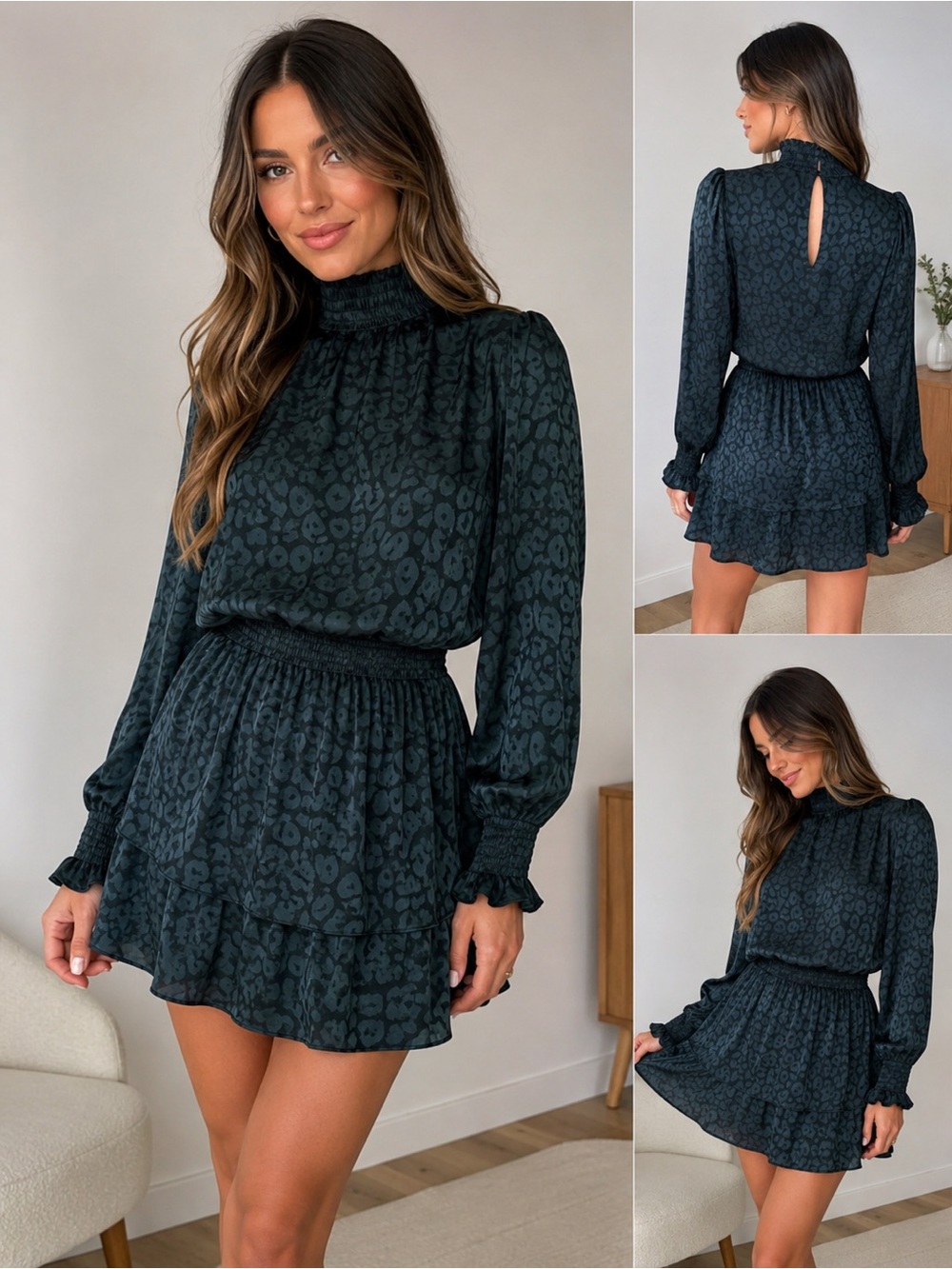Show Me Your Mumu Russo Ruffle Mini Dress‎ Dark Green Leopard Smocked Mock Neck